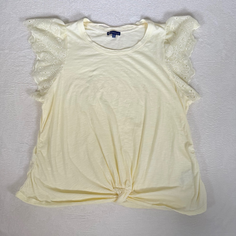 Democracy Yellow Front-Knot tee Boho Embroidered Eyelet Ruffle Sleeve Shirt 1X